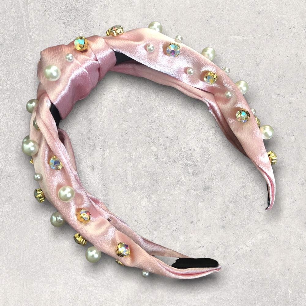 ⭐️ Brand New - Satin Top Knot Headband with Pearls in Pink